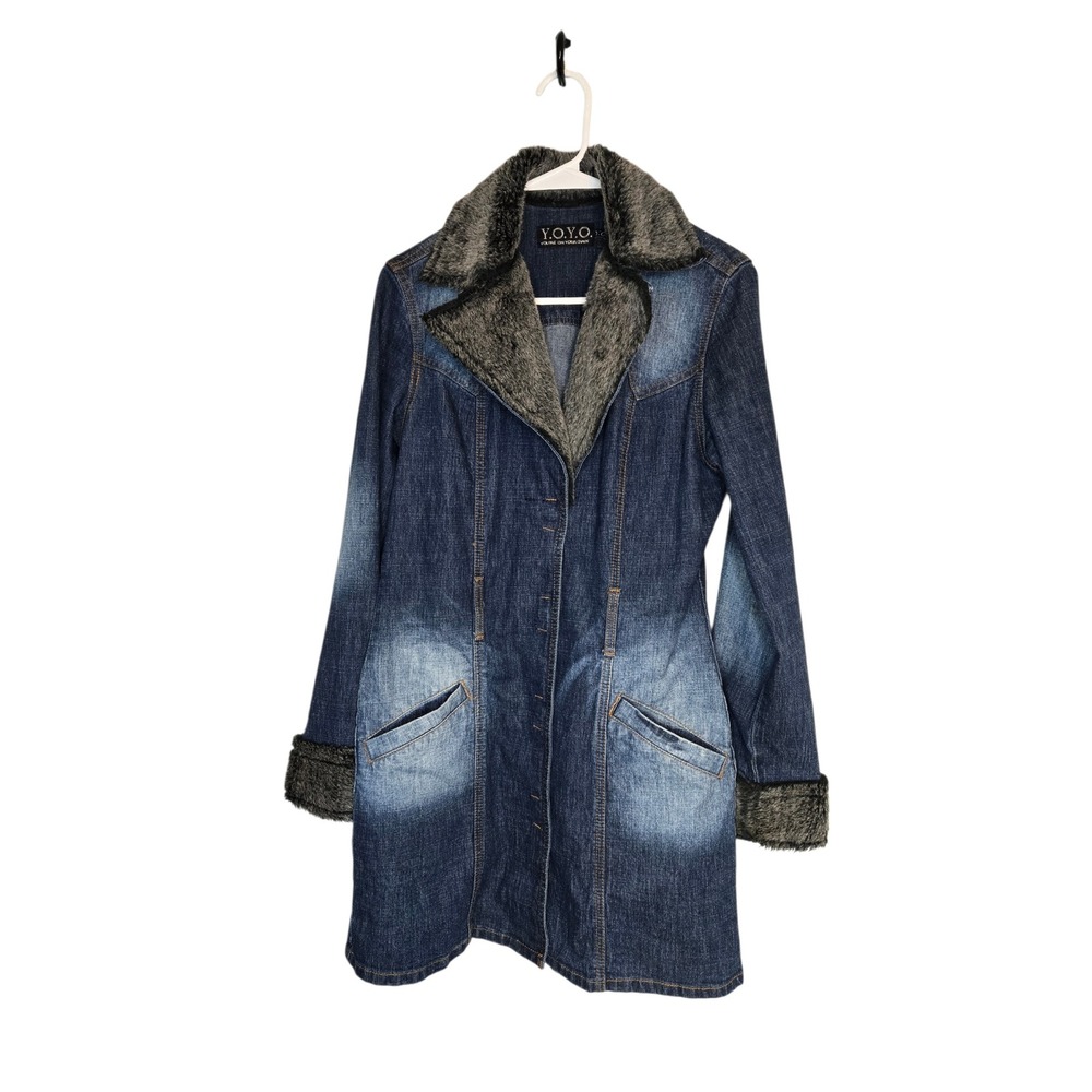 Y2K Faux Fur Trim Denim Coat Longline Jacket Blue Fitted 2000s McBling Size M